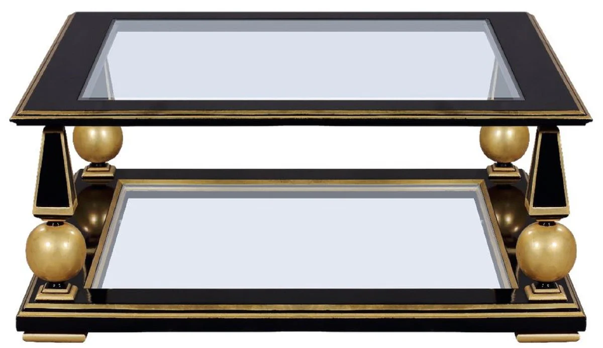 Luxury Art Deco coffee table black / gold 113 x 113 x H. 47 cm - Magnificent solid wood living room table with glass tops - Art Deco living room furniture