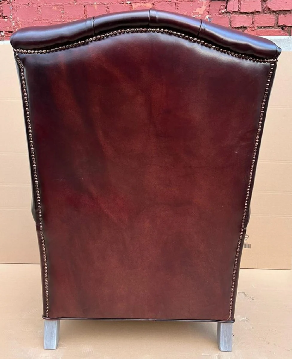 Luxury Chesterfield wing chair wine red / gray 90 x 90 x H. 110 cm - genuine leather Chesterfield living room armchair - living room furniture - Chesterfield furniture - luxury furniture