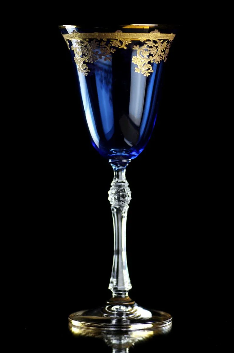 Luxury Baroque wine glass set of 6 light blue / gold Ø 9 x H. 21.5 cm - Handmade engraved and hand-painted wine glasses - Hotel & Restaurant Accessories - Luxury quality