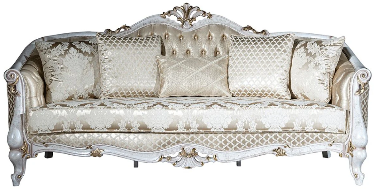 Luxus Barock Wohnzimmer Set Gold Muster / Antik Weiß / Gold - 2 Sofas & 2 Sessel & 1 Couchtisch - Wohnzimmer Möbel im Barockstil - Edel & Prunkvoll