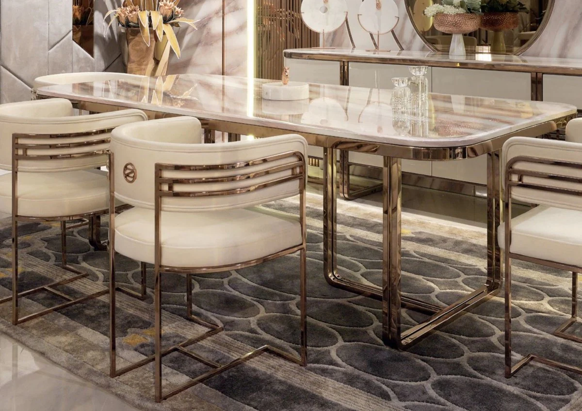 Luxury dining room set cream / white / copper - 1 luxury dining table with faux marble table top & 8 luxury dining room chairs - dining room furniture - luxury furniture - luxury furnishings