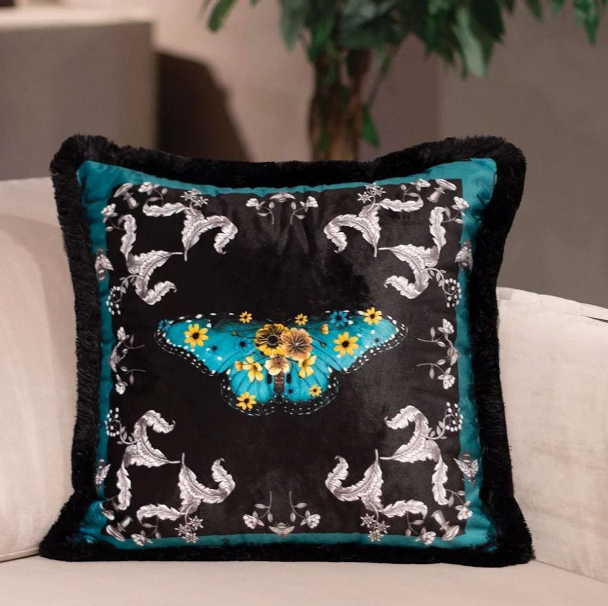 Luxury decorative cushion butterfly & flowers multicolored / black 45 x 45 cm - printed velvet cushion with fringes - luxury decorative accessories