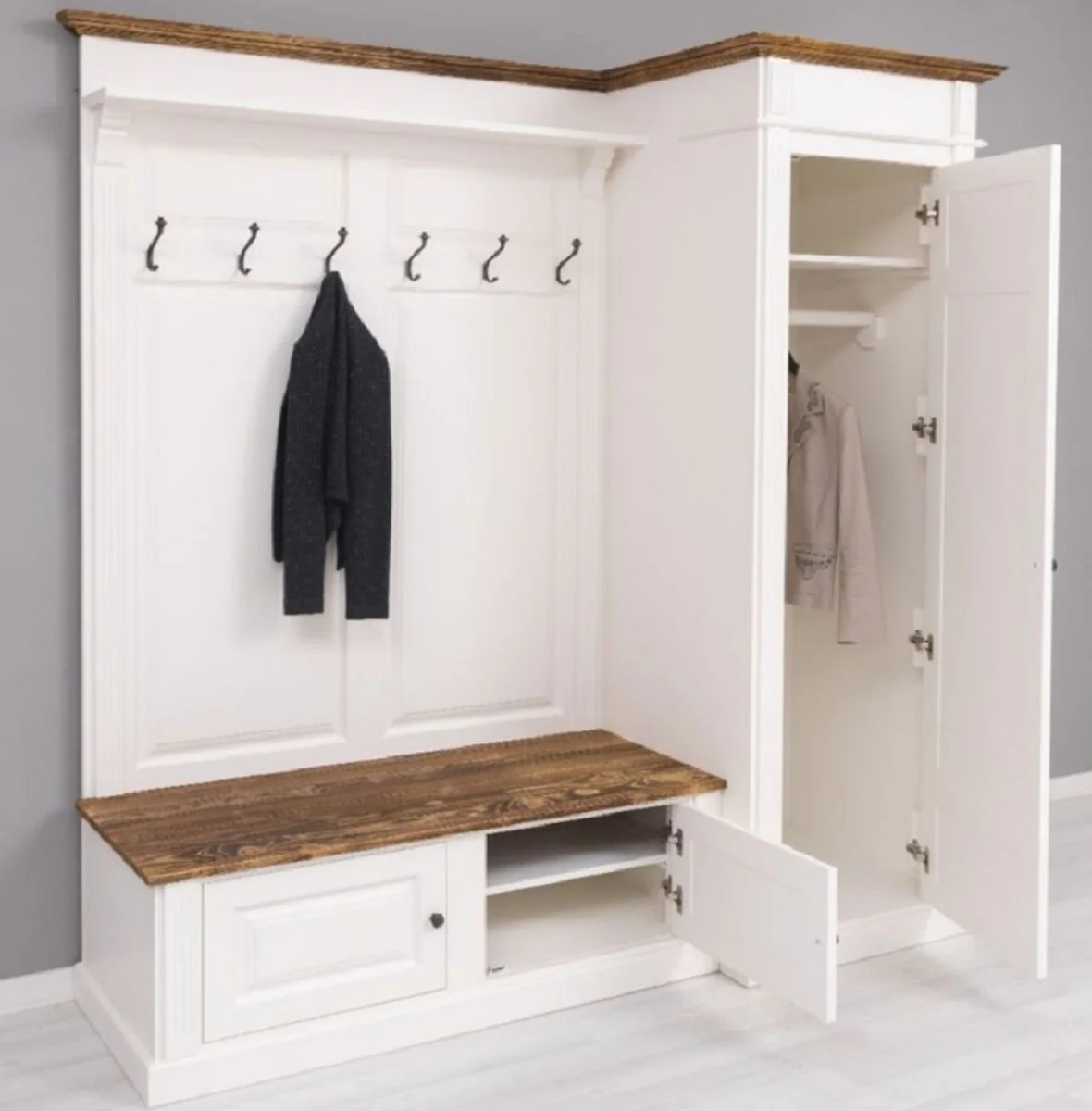Country house style wardrobe white / brown 205 x 65 x H. 210 cm - solid wood wardrobe - hallway cabinet - wardrobe furniture - solid wood furniture - country house style furniture