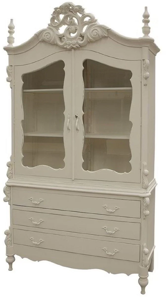 Luxury country house style kitchen cabinet antique cream color 150 x 60 x H. 255 cm - handmade solid wood cabinet with 2 glass doors and 3 drawers - country house style kitchen furniture - luxury quality