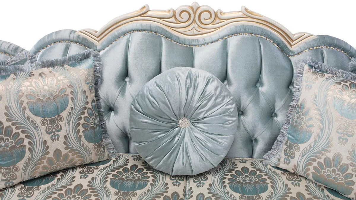 Luxury baroque sofa with decorative cushions turquoise / cream / gold 234 x 87 x H. 99 cm - living room furniture in the baroque style