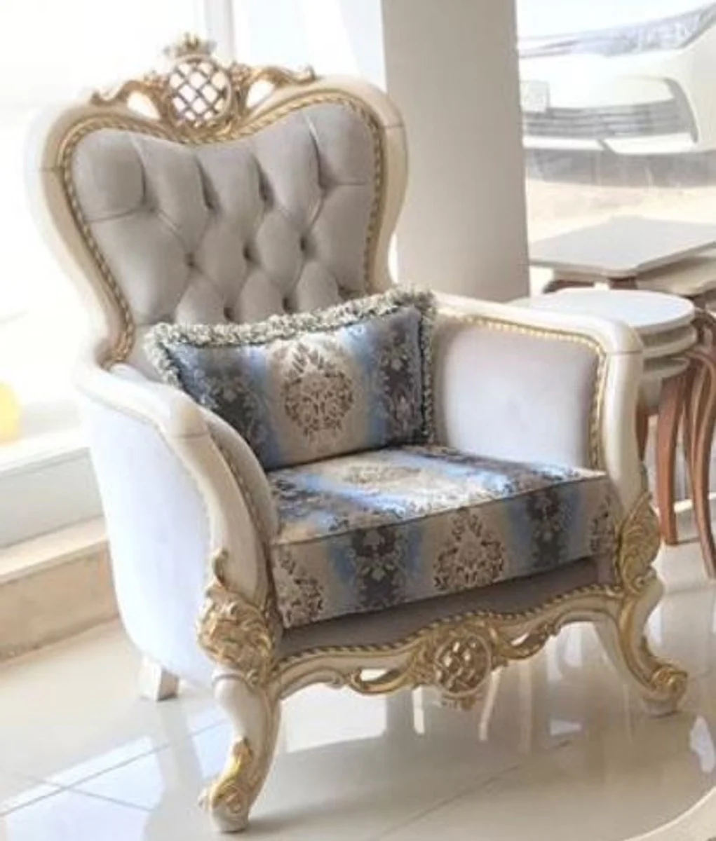 Luxus Barock Wohnzimmer Set Grau / Blau / Weiß / Gold - 2 Sofas & 2 Sessel & 1 Couchtisch - Wohnzimmer Möbel im Barockstil - Edel & Prunkvoll