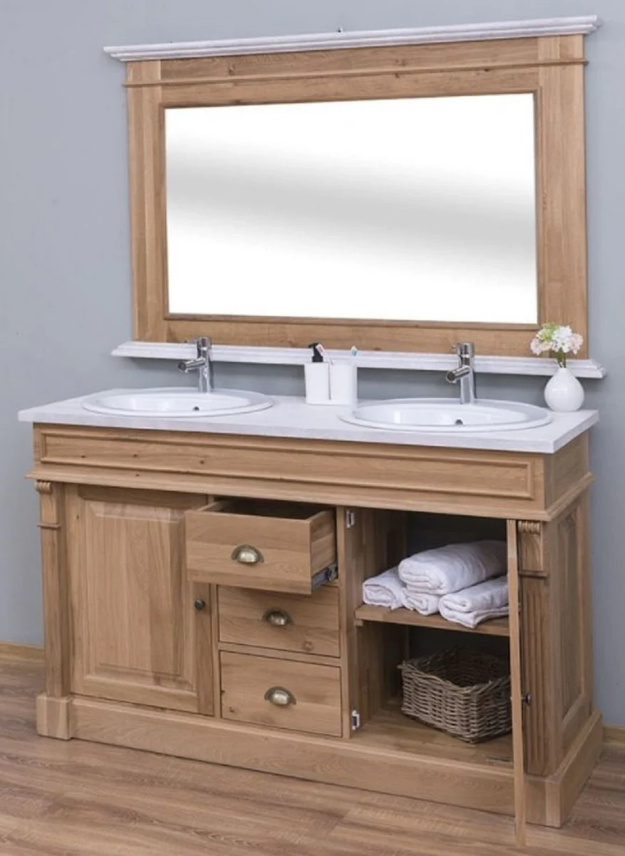 Country house style bathroom set brown / white - 1 double washbasin & 2 sinks & 2 taps & 1 wall mirror - solid wood bathroom furniture in country house style