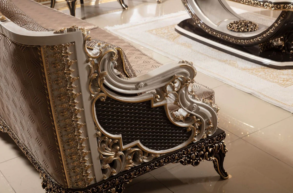Luxury Baroque Sofa Gray / White / Dark Brown / Gold 255 cm