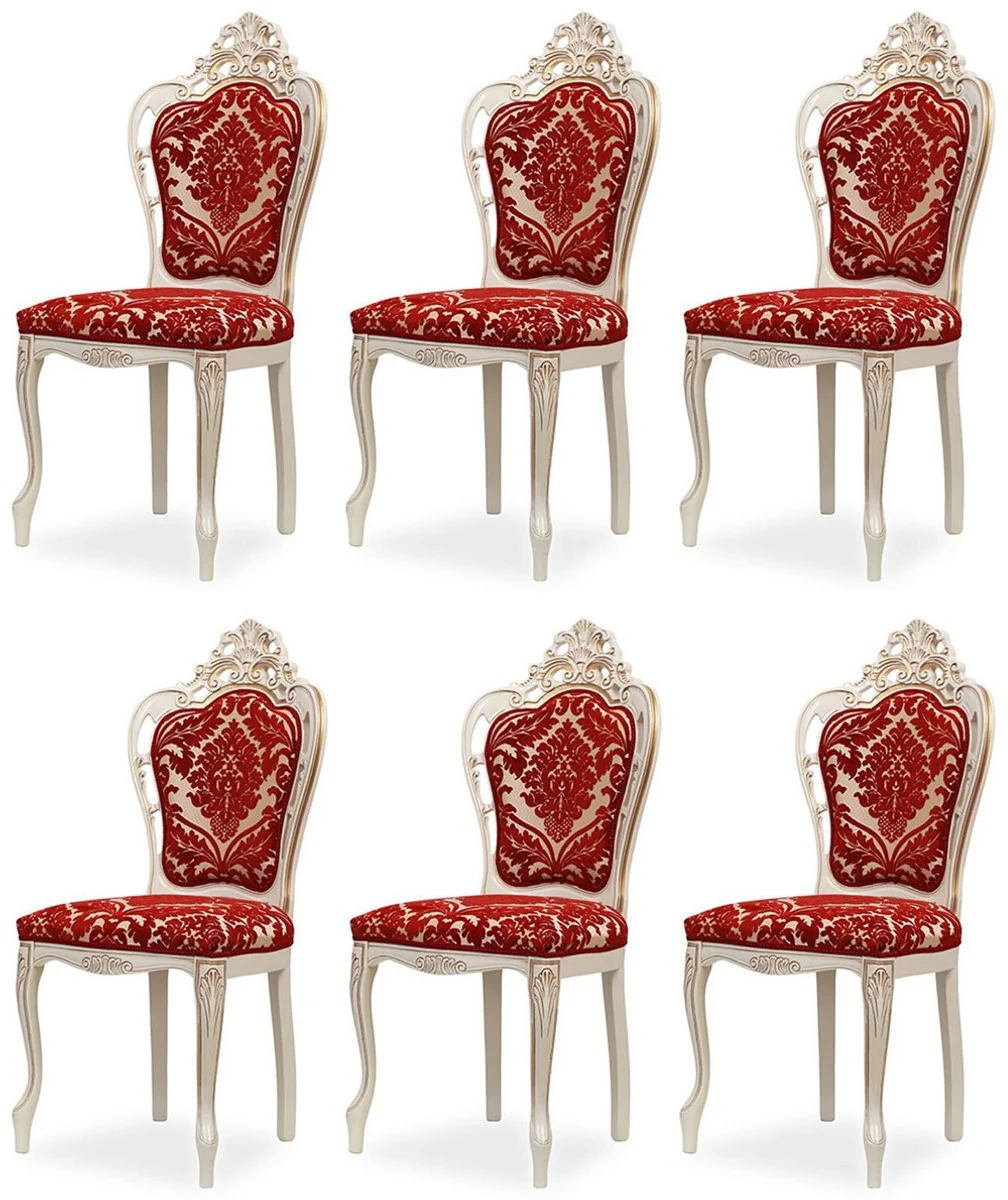 Luxury Baroque Dining Room Chair Set of 6 with Elegant Pattern Red / White / Beige / Gold - Baroque Style Kitchen Chairs - Magnificent Luxury Dining Room Furniture in Baroque Style - Noble & Magnificent
