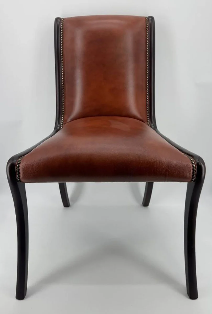 Luxus Echtleder Esszimmer Stuhl Braun / Dunkelbraun H. 95 cm - Luxus Möbel