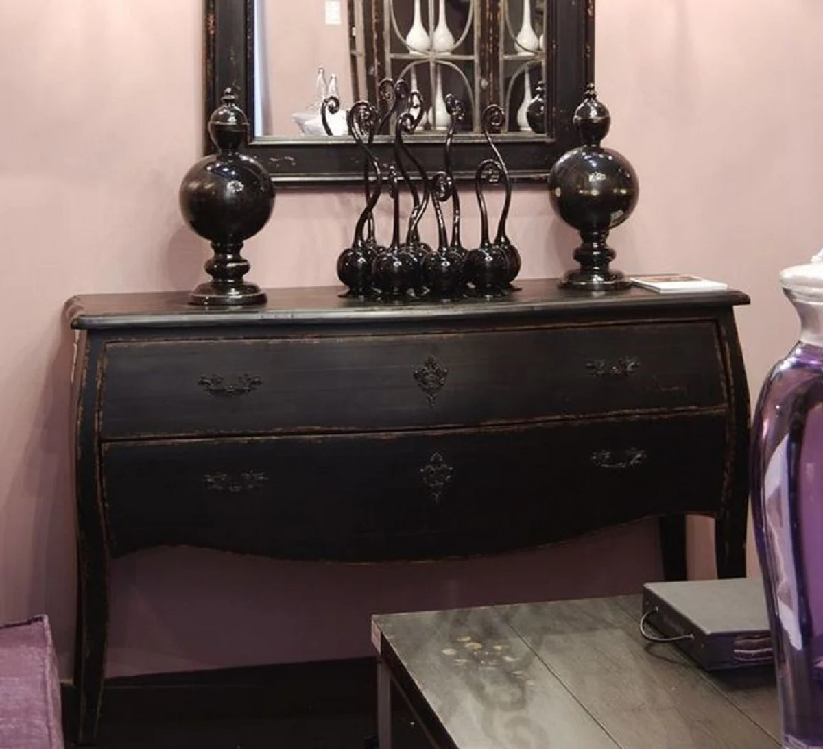 Luxury country house style solid wood chest of drawers with 2 drawers antique black - handmade country house style furniture - luxury quality