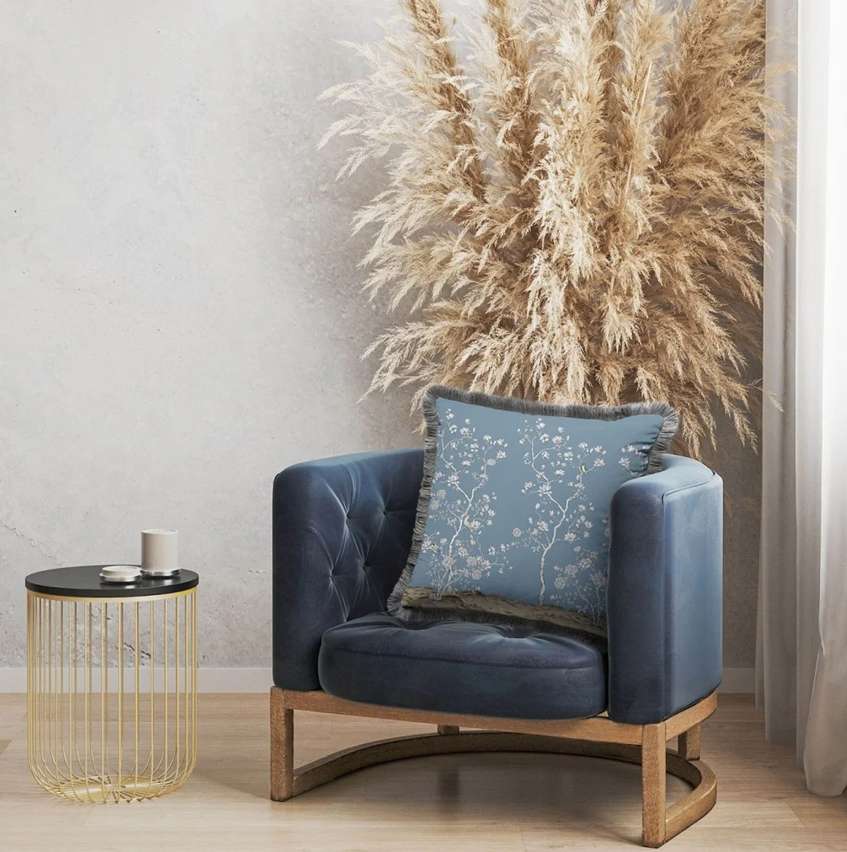 Luxury decorative cushion bushes with flowers & birds blue / multicolored / gray 45 x 45 cm - printed velvet cushion with fringes - luxury decorative accessories