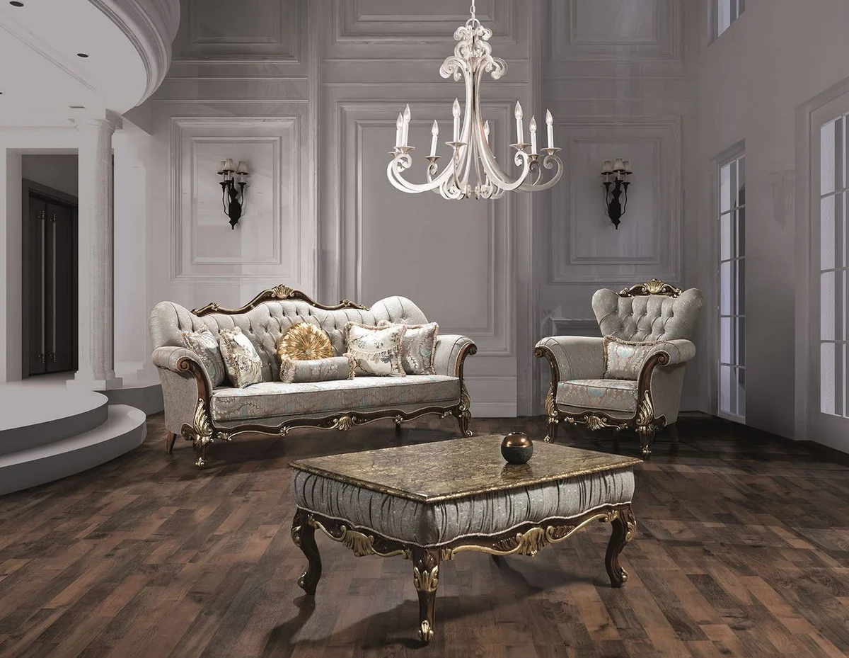 Luxus Barock Wohnzimmer Set Silbergrau / Braun / Gold - 2 Sofas & 2 Sessel & 1 Couchtisch - Wohnzimmer Möbel - Edel & Prunkvoll