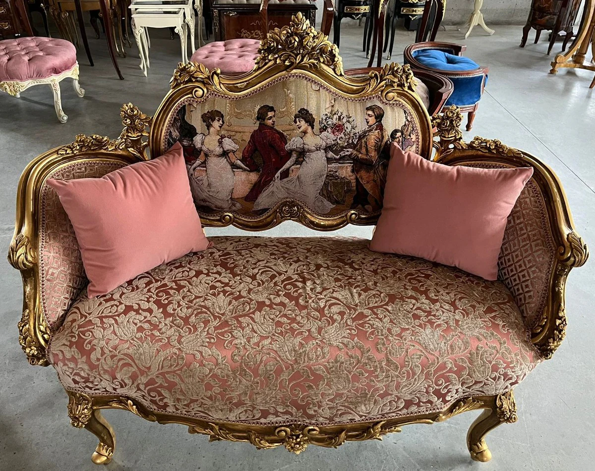 Baroque Sofa Pink / Multicolored / Gold - Handmade Living Room Sofa in Baroque Style - Magnificent Baroque Furniture - Baroque Style Living Room Furniture - Noble & Magnificent