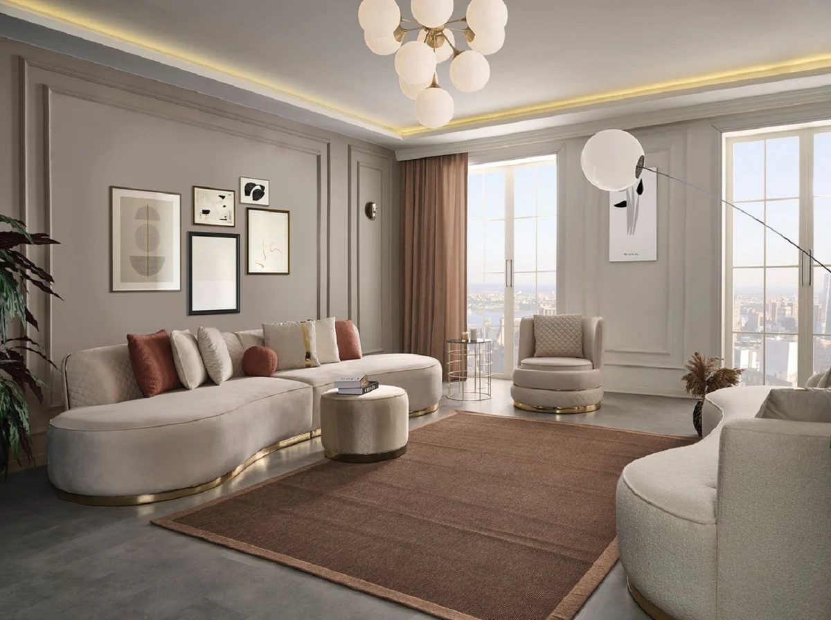 Luxury living room set cream / gold - 2 luxury sofas & 1 luxury swivel chair & 1 luxury stool - living room furniture - luxury furniture - luxury furnishings - living room furnishings