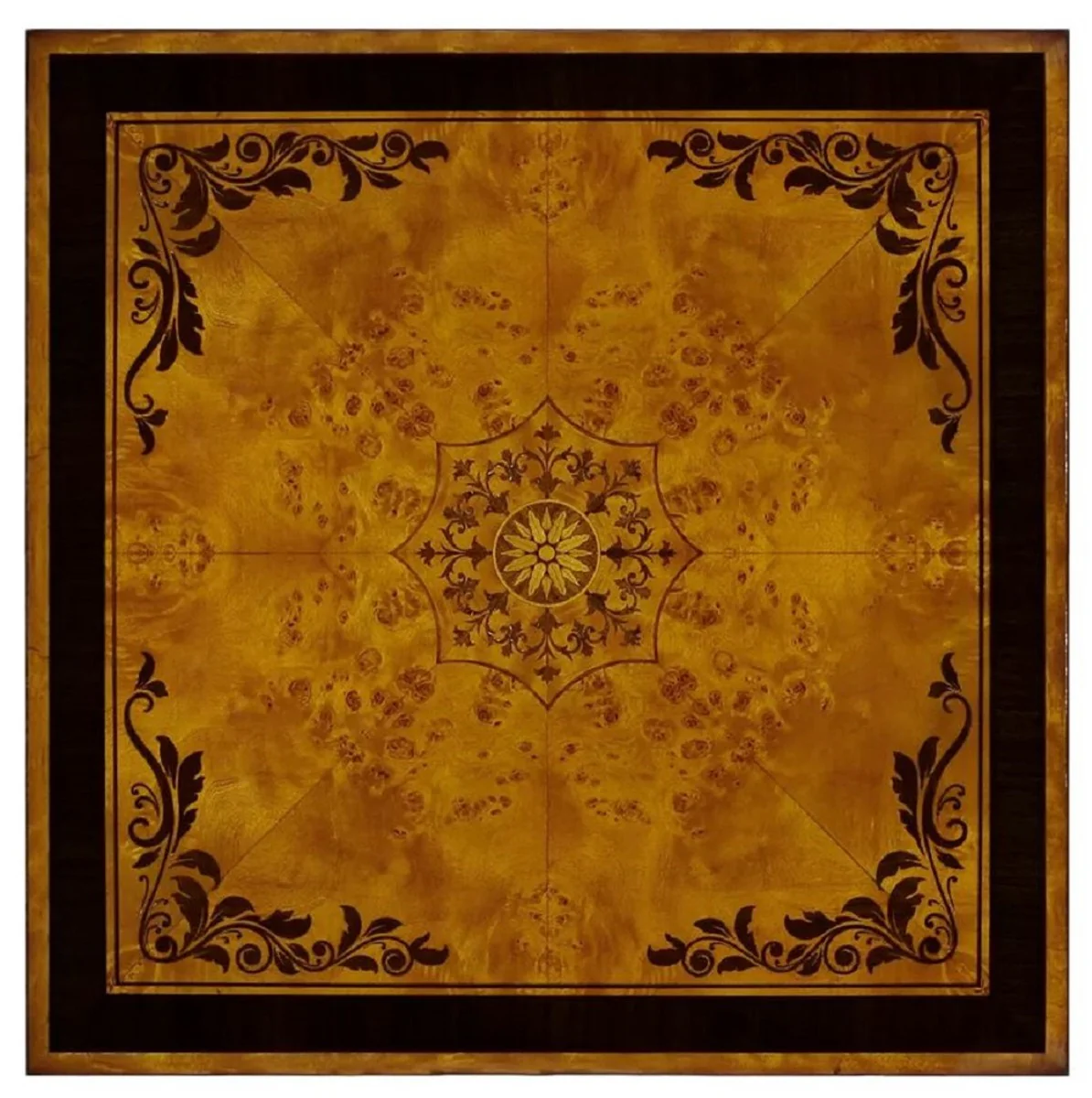 Luxury Art Deco side table natural colors / brown inlay / silver / antique brass 61 x 61 x H. 77 cm - Square solid wood table with drawer - Luxury Art Deco living room furniture