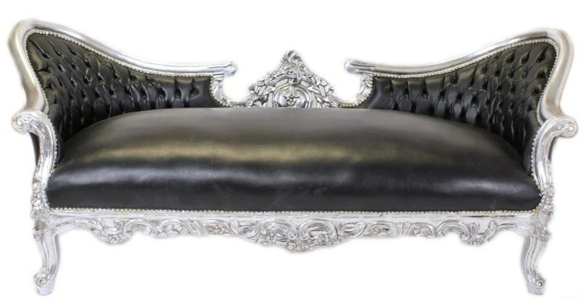 Baroque Sofa Vampire Black Leather Look / Silver - Limited Edition - Lounge Couch