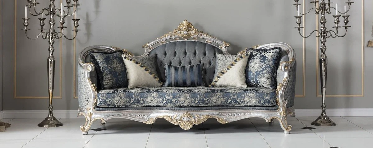 Luxury baroque living room sofa with decorative cushions gray / blue / silver / gold 250 x 95 x H. 125 cm - noble & magnificent