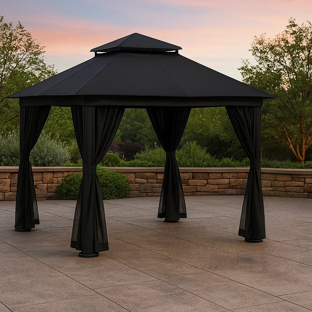 Rechteckiger Metallpavillon und -kiosk, schwarz, mit Walmdach, fest installiert, 300 x 200 x 280 cm, für den Außenbereich in Gärten, auf Terrassen oder Patios. - wxR54lLbG37i