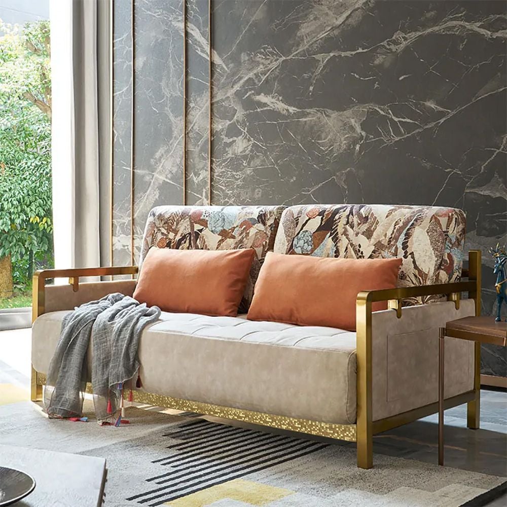 Moderne Queen Convertible Sleeper Sofa Gold Metall Beige Polster Sofa Bett Kissen