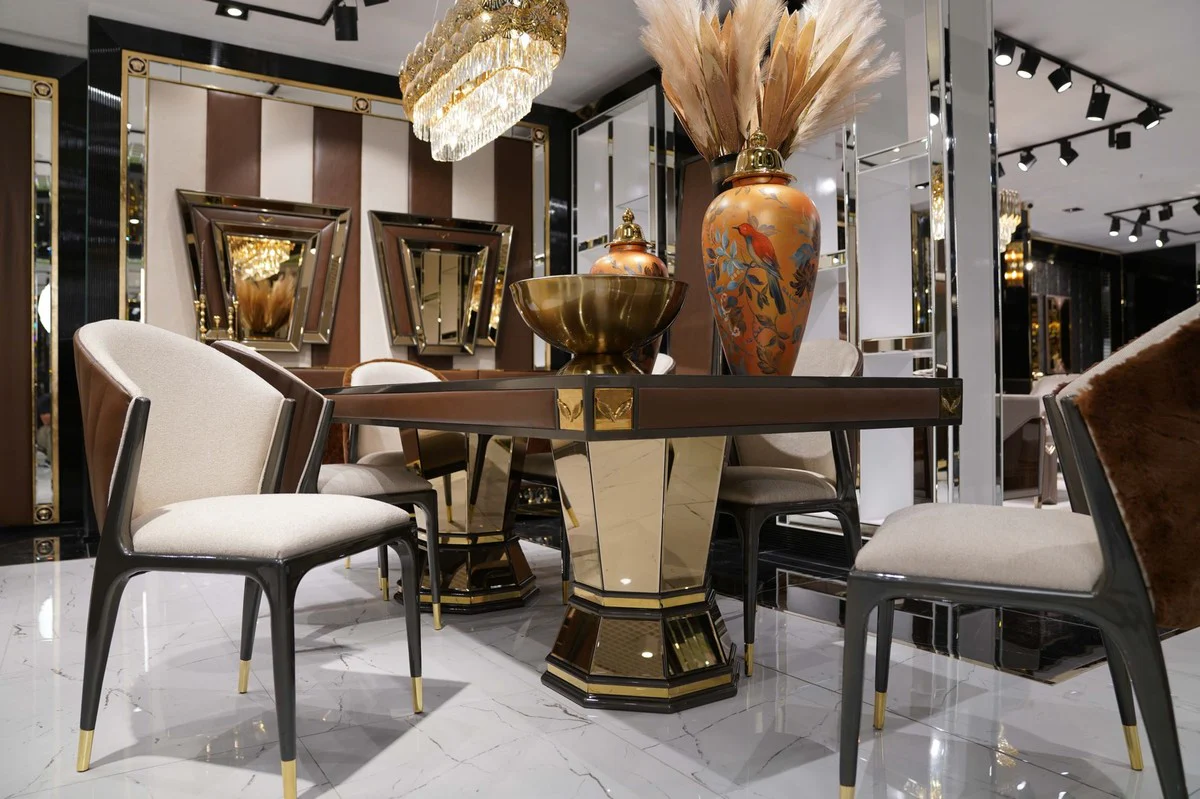 Luxury dining room set natural colors / brown / gray / gold - 1 luxury dining table & 6 luxury dining room chairs - dining room furniture - luxury furniture - luxury furnishings - dining room furnishings