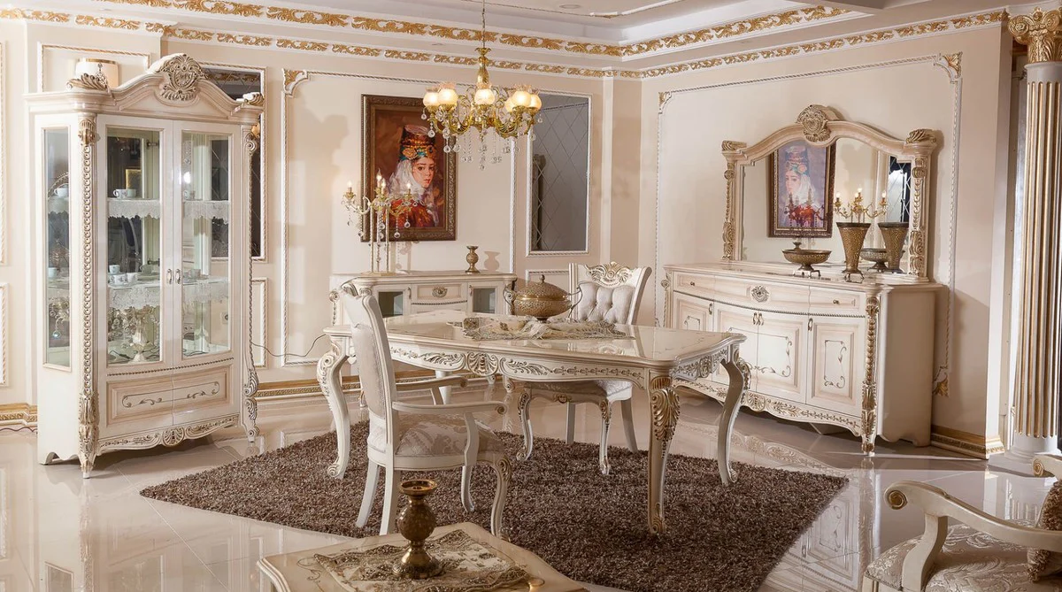 Luxury Baroque Dining Room Chair Set of 6 Gray / White / Beige / Gold - Baroque Style Kitchen Chairs with Pattern - Luxury Dining Room Furniture in Baroque Style - Baroque Dining Room Furniture