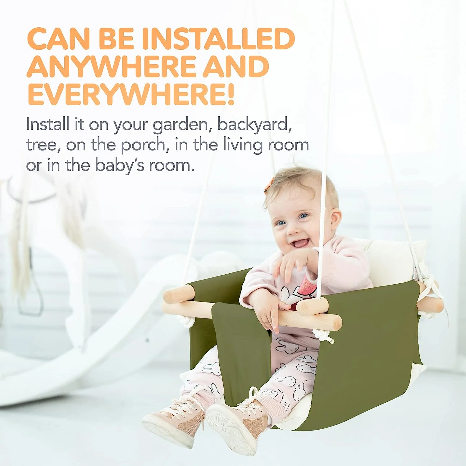 Babyschaukel aus Segeltuch, hängender Schaukelsitz aus Holz mit Sicherheitsgurt, langlebiger Baby-Hängemattenstuhl, Außen- und Innenschaukel für Kinder, Montagezubehör im Lieferumfang enthalten, Elfenbeinfarben