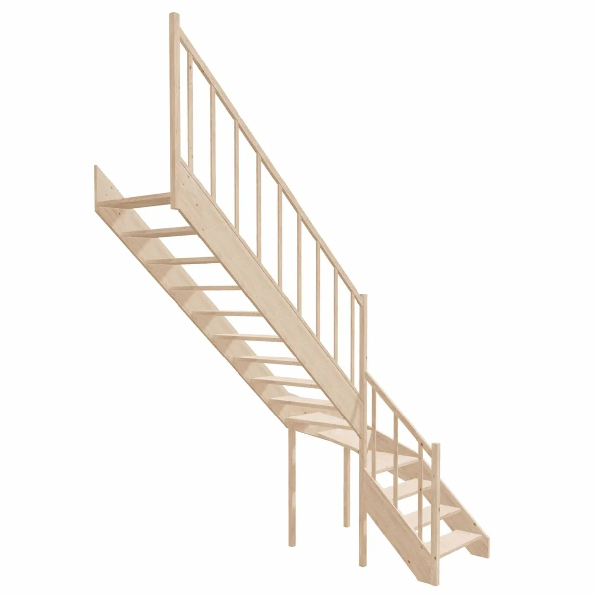 Luxury corner wooden staircase with railing left side natural color H. 304 cm