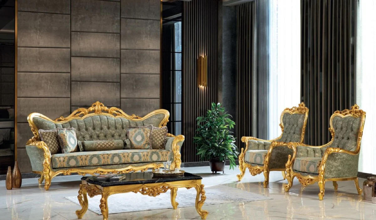 Luxury Baroque Sofa Green / Gold 245 x 90 x H. 126 cm - Handmade Living Room Sofa with Elegant Pattern - Baroque Living Room Furniture - Noble & Magnificent
