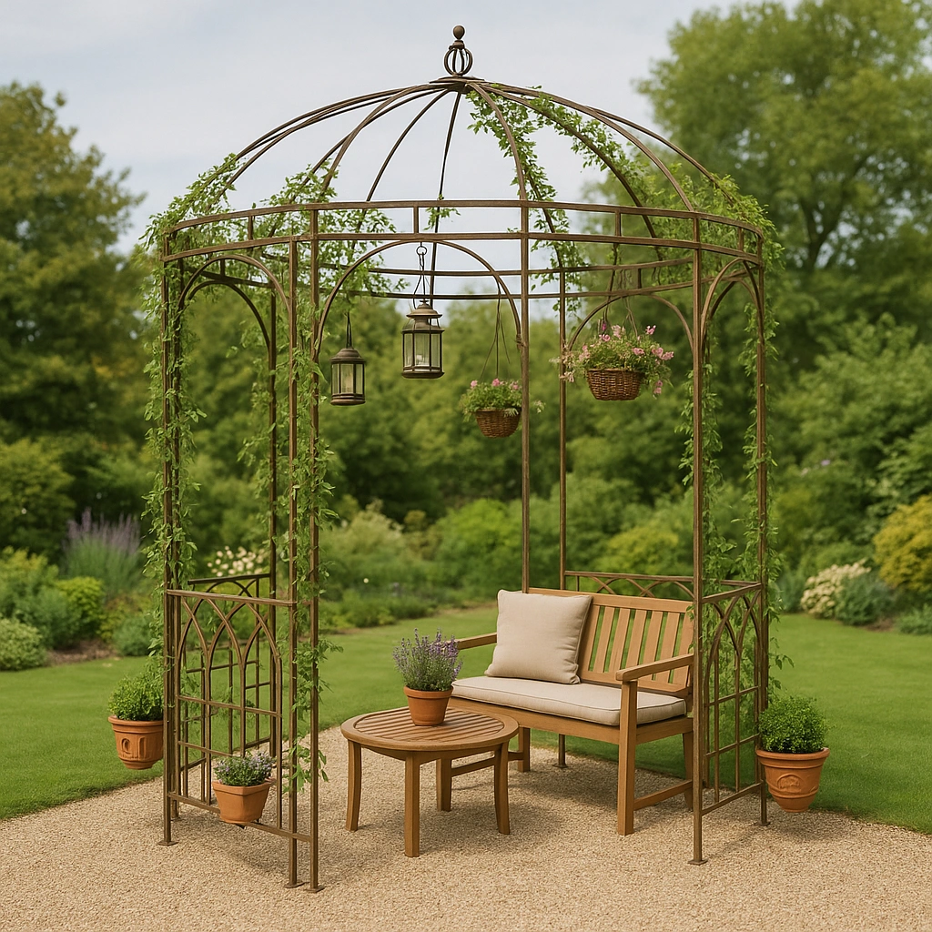Dekorative Gartenpergola, braunes Metall, florales Design, 240 x 240 x 320 cm