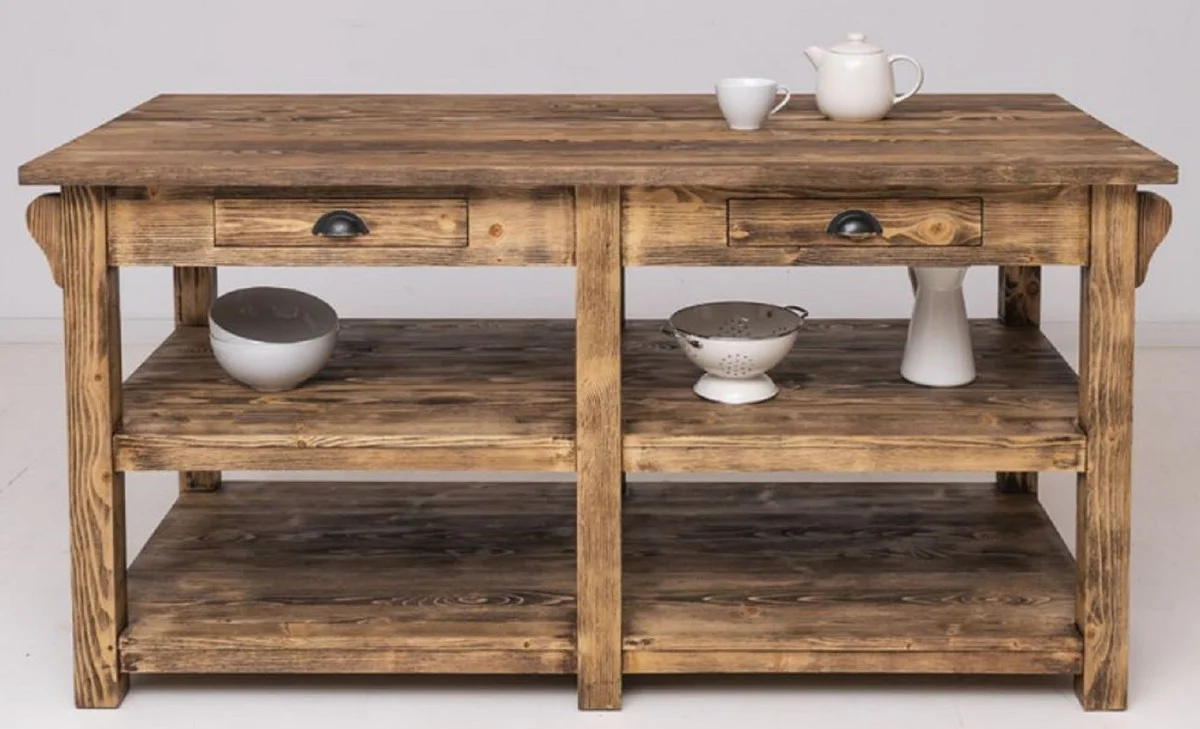 Country house style kitchen island brown 180 x 85 x H. 90 cm - solid wood kitchen island with 4 drawers - dining room furniture - kitchen furniture - country house style furniture