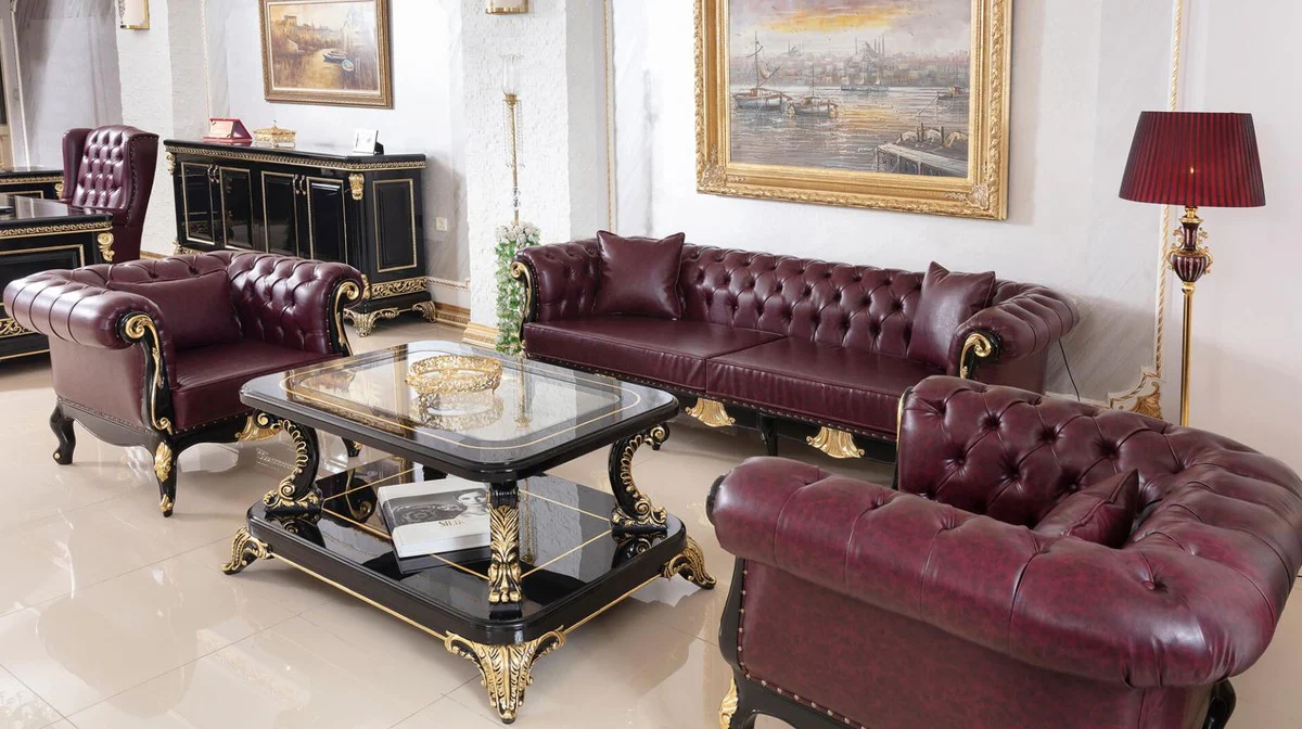 Luxury Baroque Chesterfield Sofa Bordeaux Red / Black / Gold - Magnificent living room sofa with elegant faux leather - Baroque Chesterfield living room furniture
