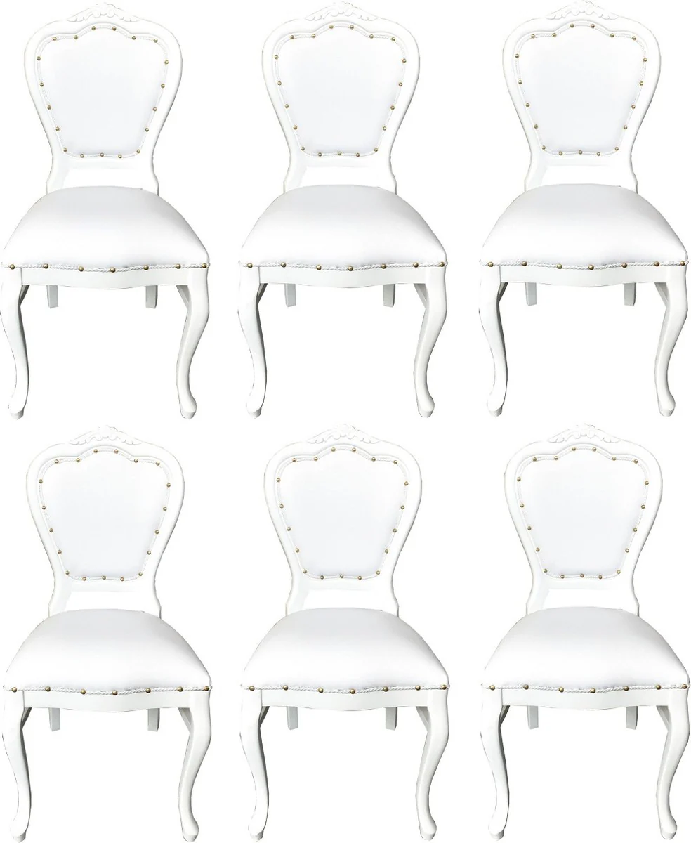 Luxury baroque dining room set white / white 45 x 47 x H. 99 cm - 6 handmade dining chairs with faux leather - baroque dining room furniture