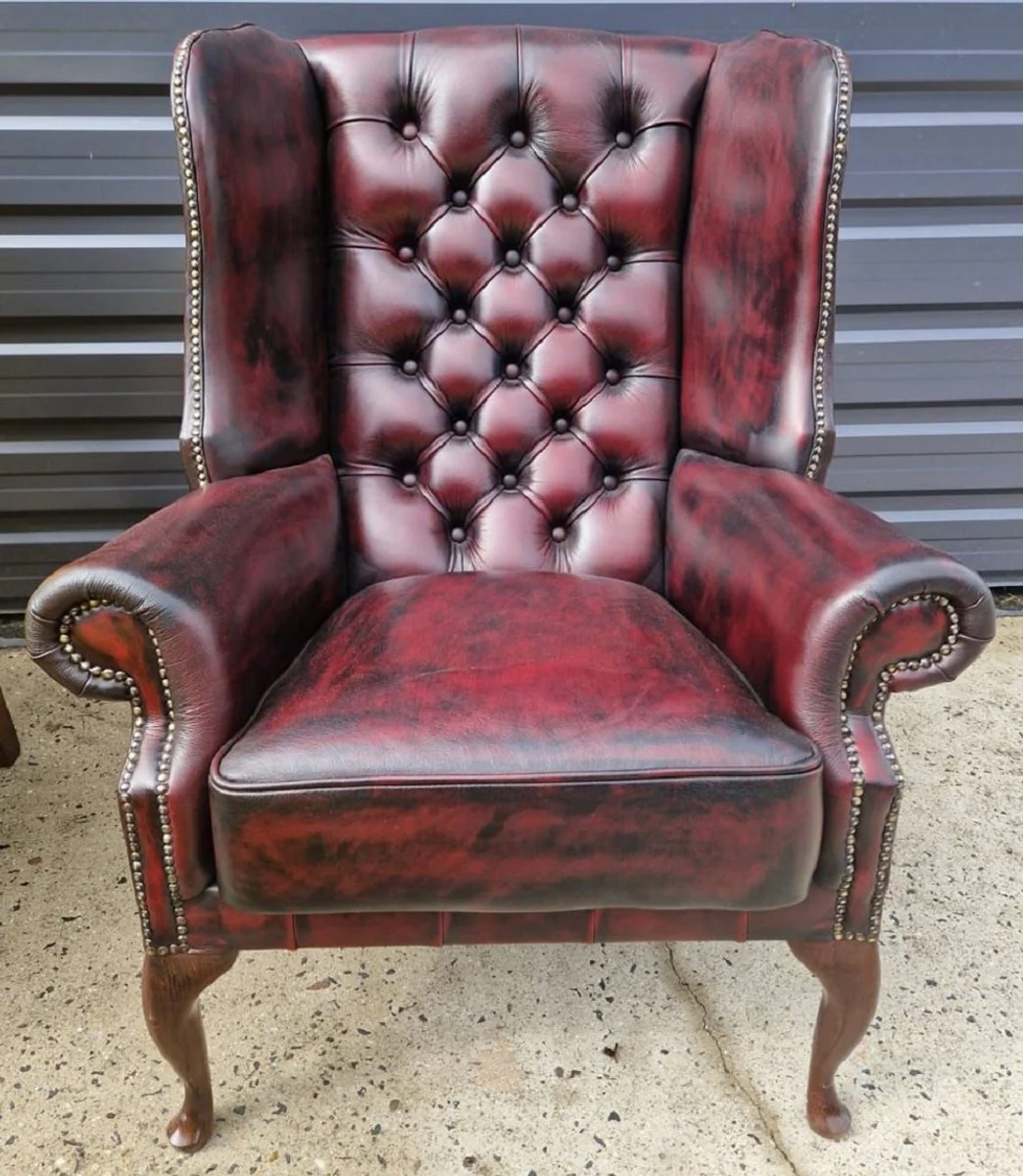 Luxury Chesterfield wing chair wine red / black / dark brown 80 x 80 x H. 110 cm - genuine leather Chesterfield living room armchair - living room furniture - Chesterfield furniture - luxury furniture