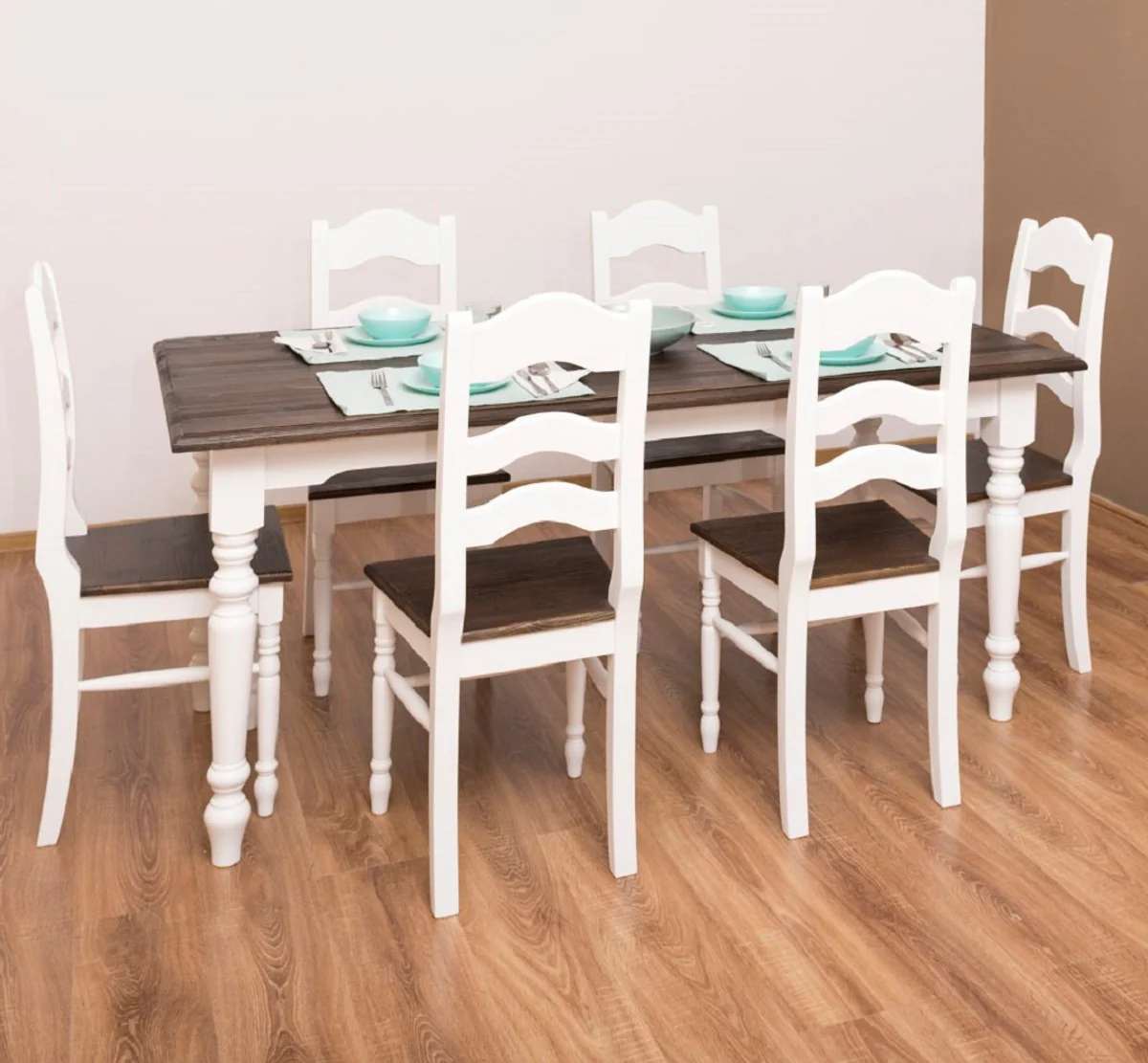 Country house style dining chairs set of 6 white / dark brown 44 x 44 x H. 102 cm - Solid wood dining room chairs in country house style - Solid wood dining room furniture - Country house style dining room furniture