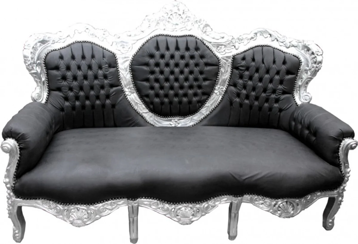 Baroque Sofa King Black Leather Look / Silver - Living Room Furniture Couch Lounge