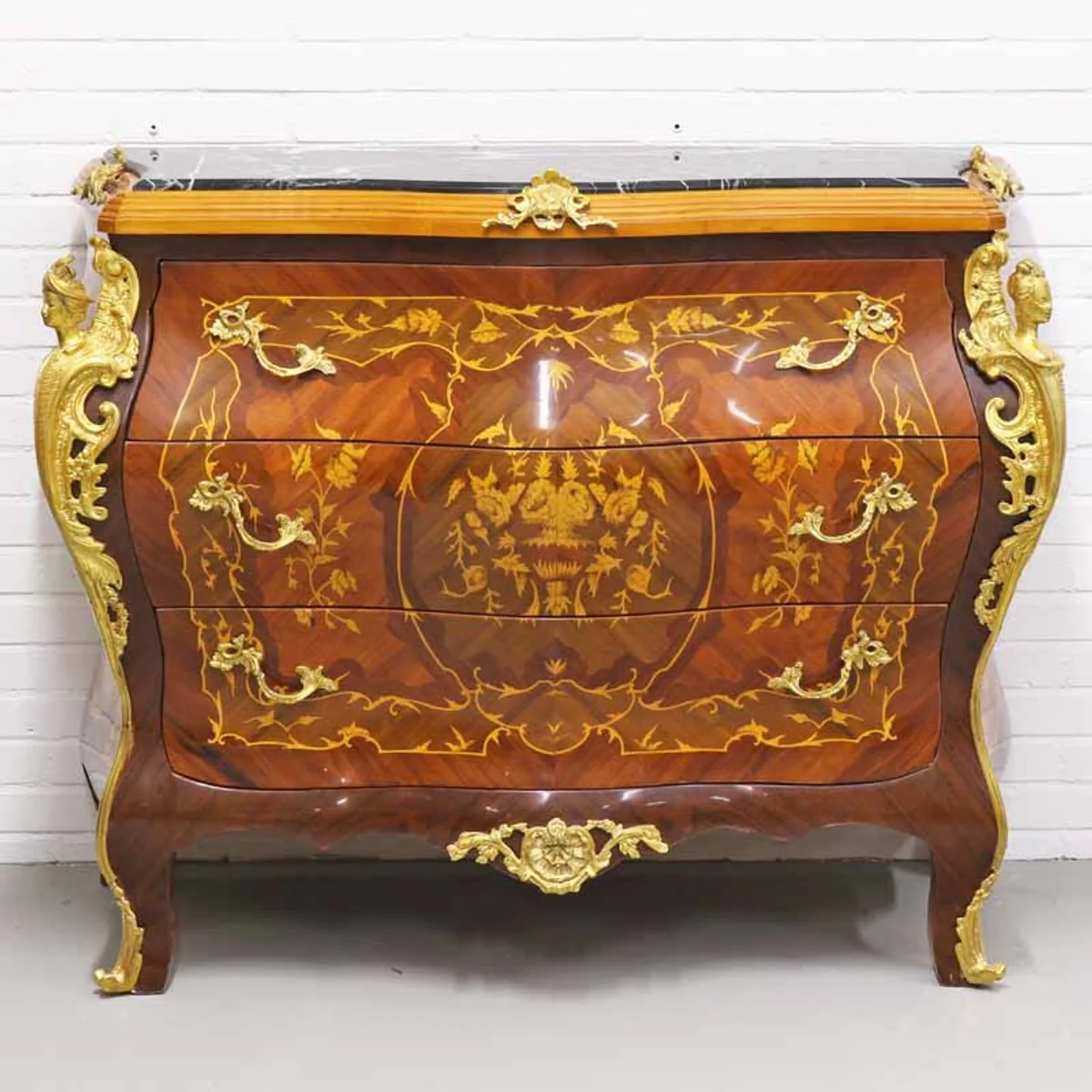 Baroque style chest of drawers with 3 drawers and marble top in brown / gold / black 120 x 50 x H. 95 cm - antique style furniture