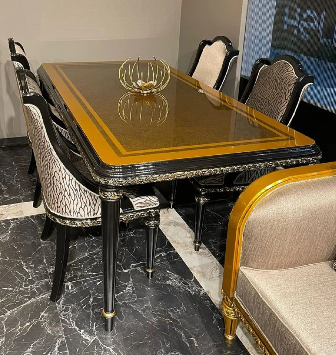 Luxury Baroque Dining Room Set Gold / Black / Gold - 1 Baroque Dining Table & 6 Baroque Dining Chairs - Baroque Dining Room Furniture - Luxury Furniture in Baroque Style - Noble & Magnificent