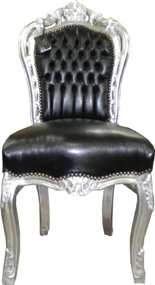 Baroque dining room chair black leather look / silver
