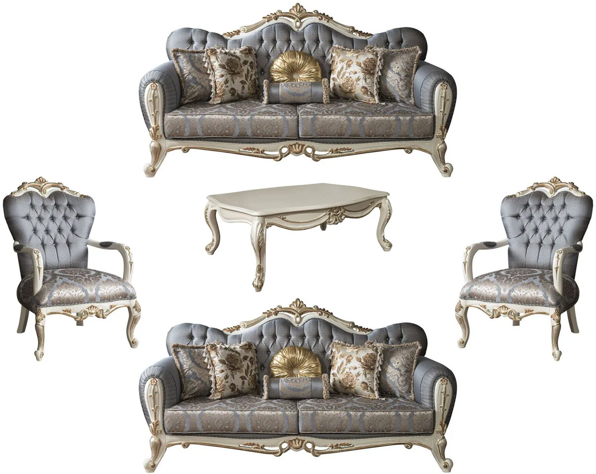 Luxus Barock Wohnzimmer Set Blau / Weiß / Gold - 2 Sofas & 2 Sessel & 1 Couchtisch - Möbel im Barockstil - Edel & Prunkvoll