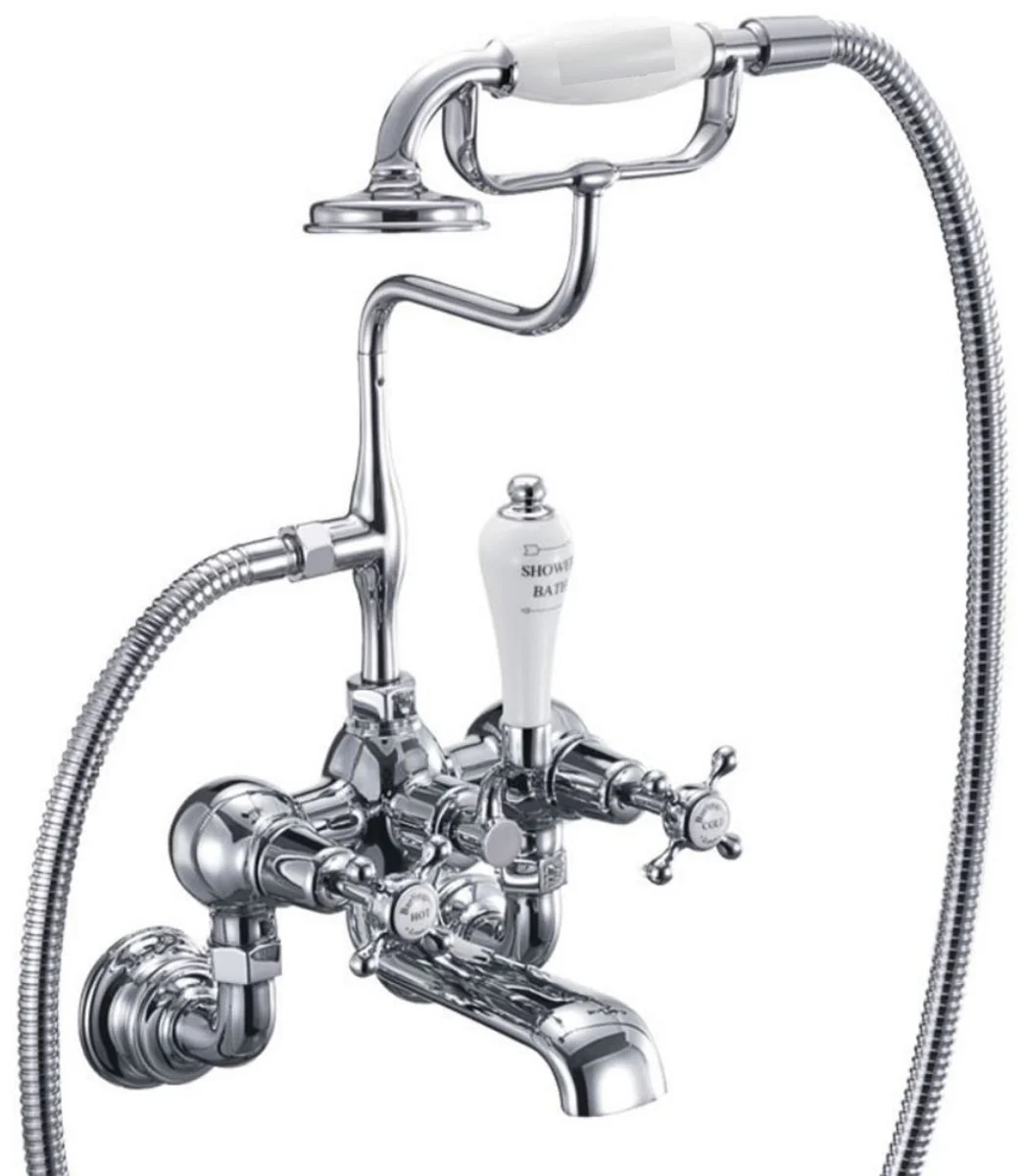 Luxury Art Nouveau surface-mounted bathtub mixer silver / white H. 46.95 cm - Nostalgic brass bathtub mixer with hand shower - Nostalgic bathroom accessories