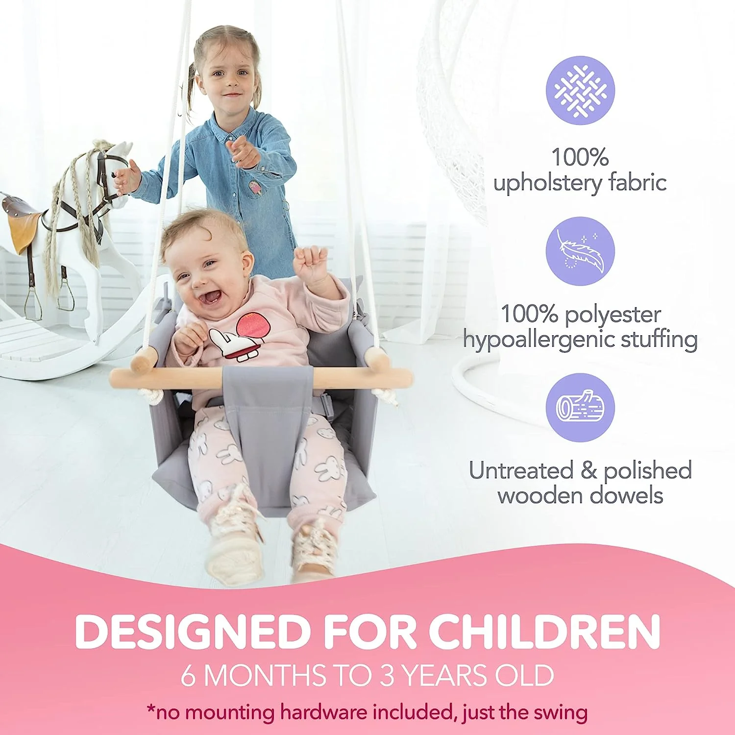 Babyschaukel aus Segeltuch, hängender Schaukelsitz aus Holz mit Sicherheitsgurt, langlebiger Baby-Hängemattenstuhl, Außen- und Innenschaukel für Kinder, Montagezubehör im Lieferumfang enthalten, Elfenbeinfarben