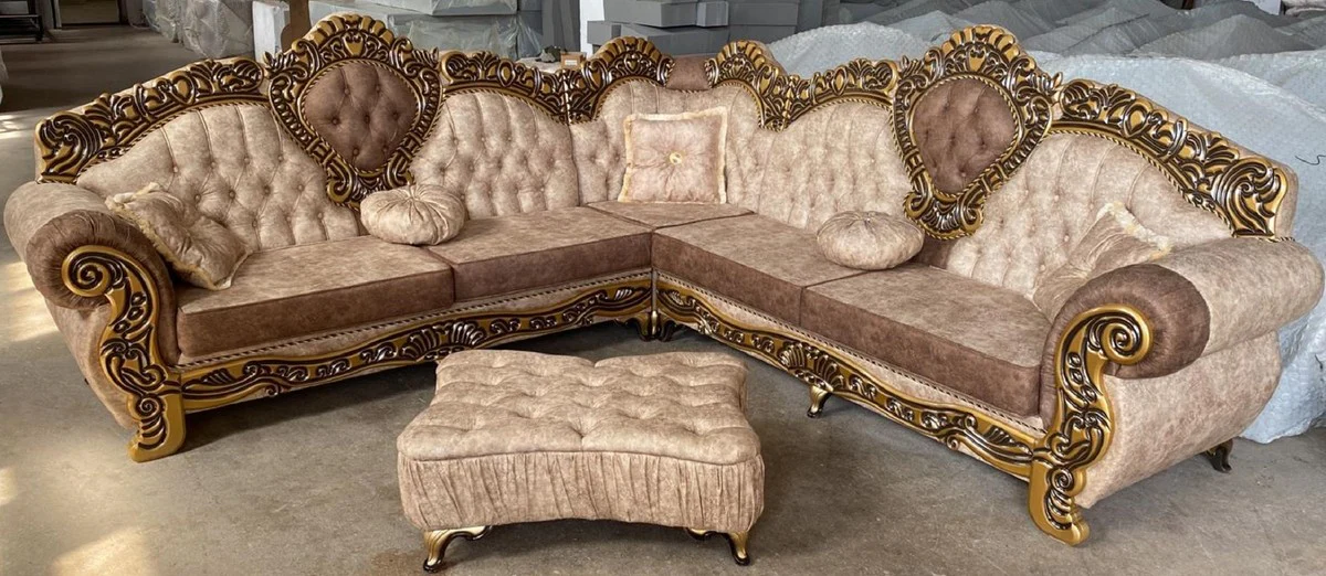 Luxury baroque corner sofa beige / brown / gold