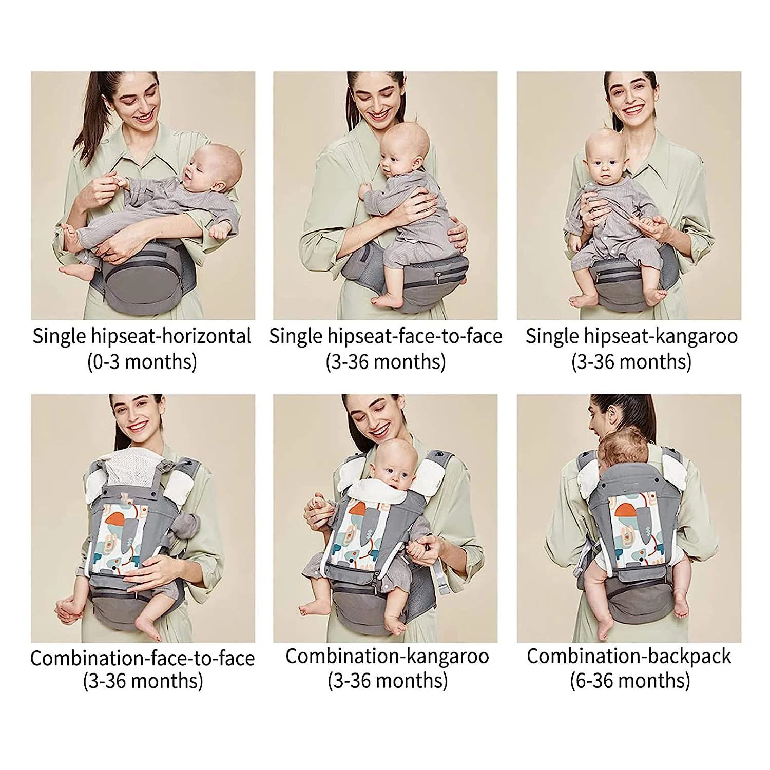 Babytrage für Neugeborene bis Kleinkinder, Baby-Hüfttrage mit Kopfhaube, Taillenverlängerung und 3 Beißpolstern (grau)