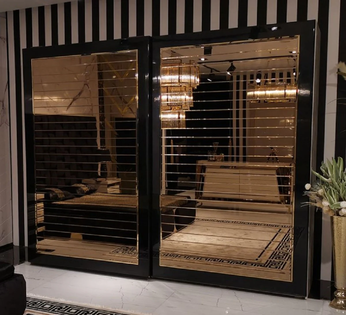 Luxury Bedroom Wardrobe Beige / Black / Gold - Modern Mirrored Wardrobe with 2 Sliding Doors - Luxury Bedroom & Hotel Furniture