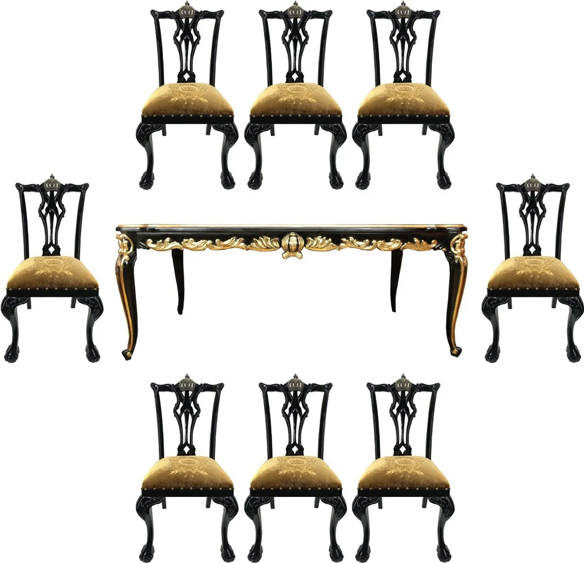 Pompöös by Baroque luxury dining room set crown gold / black - Pompöös baroque dining table with glass top and 8 chairs designed by Harald Glööckler - dining room furniture in the baroque style