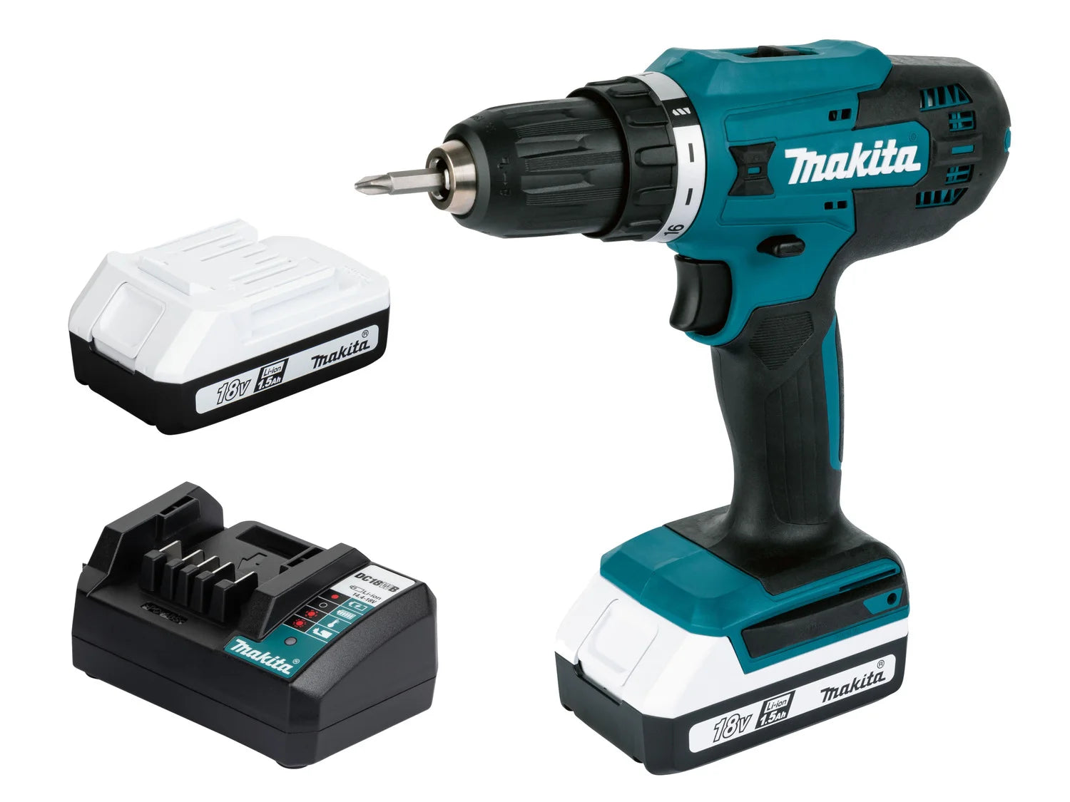 Makita 18 V Akku-Bohr-/Treibersatz DF488D, mit 2 Batterien und Ladegerät