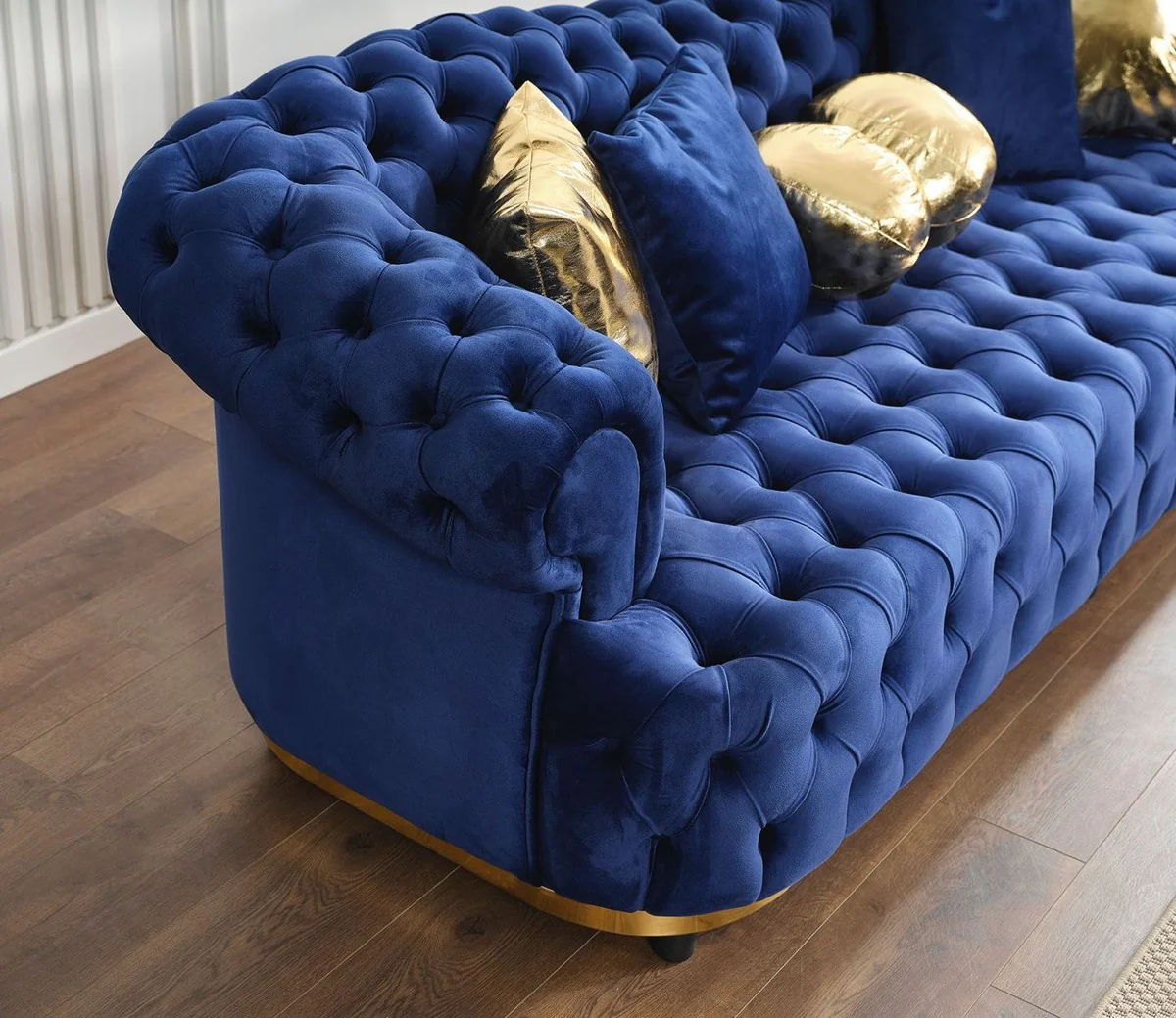 Luxury Chesterfield Velvet Sofa Blue / Gold / Black 240 cm