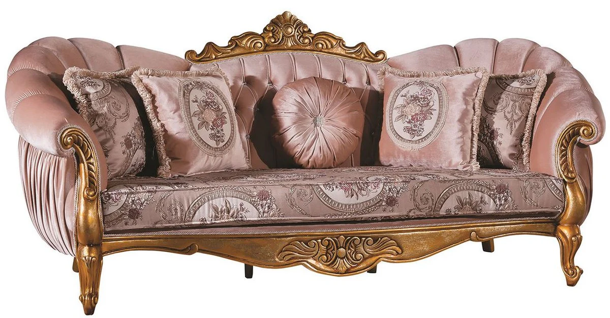 Luxury baroque sofa pink / gold 220 x 90 x H. 110 cm - magnificent living room sofa with glittering stones and decorative pillows
