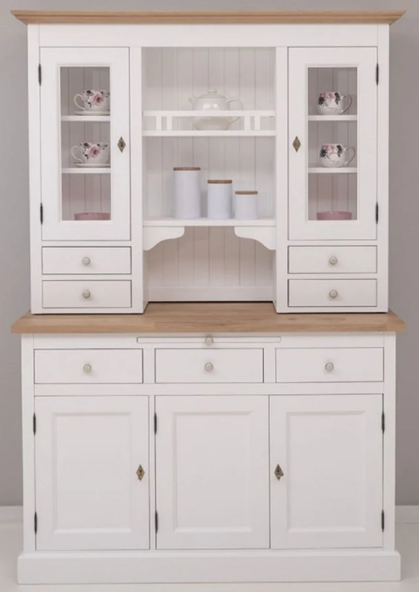 Country house style kitchen cabinet white / natural colors 138 x 50 x H. 197 cm - 2-part kitchen cabinet with 5 doors and 7 drawers - country house style kitchen furniture